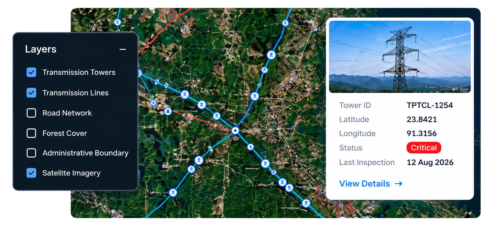 GIS map showing transmission towers and lines with a layers panel and asset details for tower TPTCL-1254