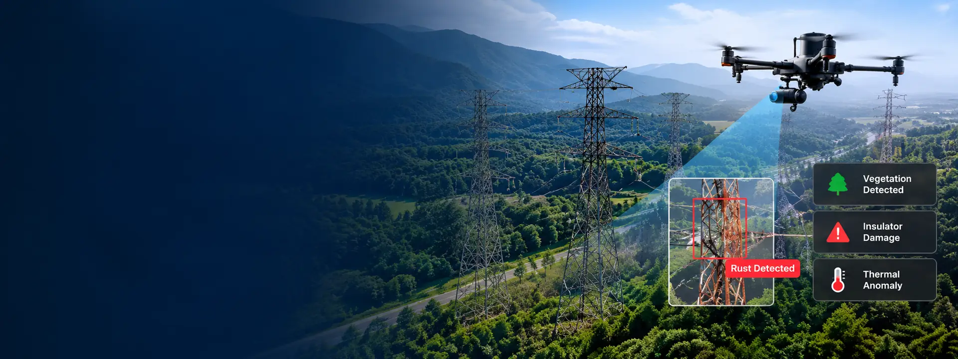 Drone inspecting high-voltage transmission towers with AI detecting vegetation, insulator damage and thermal anomalies