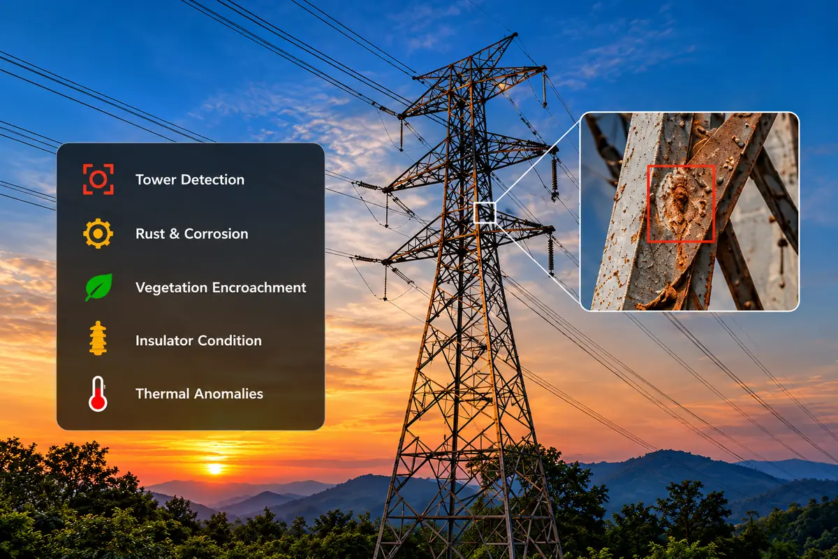 Transmission tower at sunset with AI detection of rust, corrosion, vegetation encroachment, insulator condition and thermal anomalies